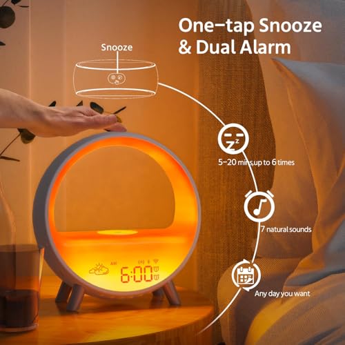 Image of MOMILLA Smart Sunrise Alarm Clock with Wireless Charging Station, App Control Wake-Up Light & White Noise Sound Machine, Bluetooth Speaker, Compatible with Airpods /iPhone for Bedrooms & Heavy Sleepers