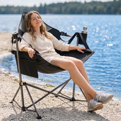 TIMBER RIDGE Hammock Camping Chair with Adjustable Backrest Heavy Duty Folding Hammock Chair Supports 300lbs Portable Hammock Chair for Camping Travelling and Patio Black