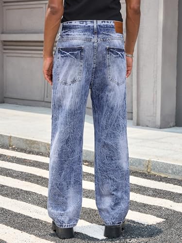 DISLANBO Mens Ripped Jeans Relaxed Fit Straight Leg Y2K Denim Pants Hip hop Streetwear Trousers Aqua Blue — view 2
