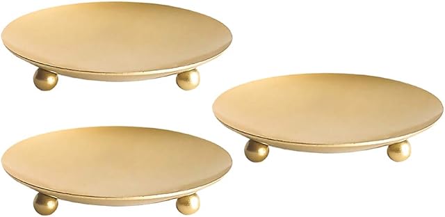 3pcs Rustic Iron Plate Candle Holder 9.5cm Round Iron Plate Gold Candle Holders for Pillar Candles, Pedestal Candle Stand for LED & Wax Candles, Spa, Weddings