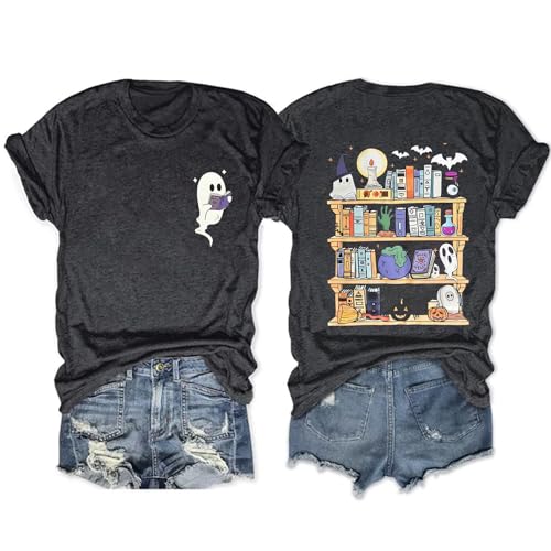 Halloween Teacher Shirts for Women Ghost Reading Book T-Shirt Casual Fall Teacher Tee Tops Dark Gray