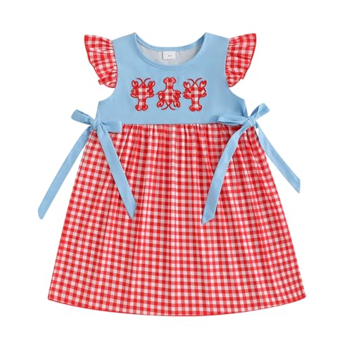 Toddler Baby Girl Crawfish Dress Fly Sleeveless Lobster Crab Embroidery Bow Plaid Smocked Dress Summer Dresses