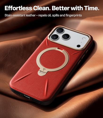 Image of TORRAS Q3 VegSkin for iPhone 17 Pro Max Case Leather, 360 Spin Magnetic Stand, Fit for MagSafe, Camera Control, Shockproof Premium Organic Silicone Leather Case for iPhone 17 Pro Max, Crimson Red