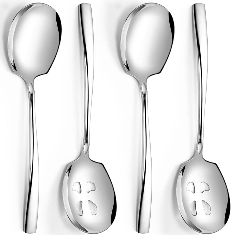Juego de cucharas grandes de acero inoxidable de 9.14 pulgadas, 2 cucharas ranuradas para servir, 2 utensilios grandes para bufé, catering, apto para lavavajillas (juego de 4, plateado)