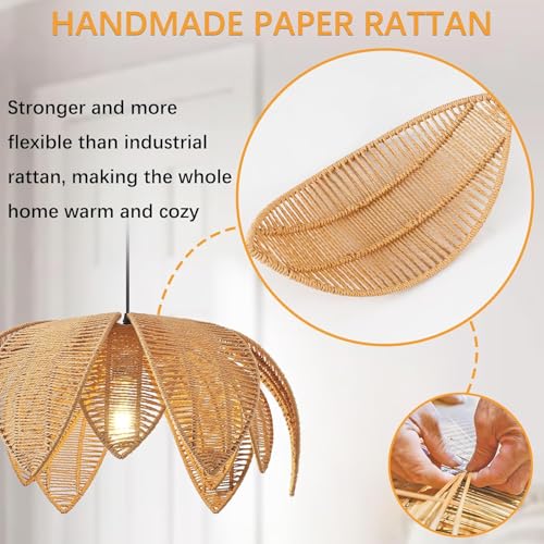 Image of Artica Farmhouse Rattan Chandelier- 1 - Light Hand-Woven Wicker Pendant Light Fixture, Boho Hanging Ceiling Lamp for Dining Room, Kitchen Island, Bedroom & Living Room