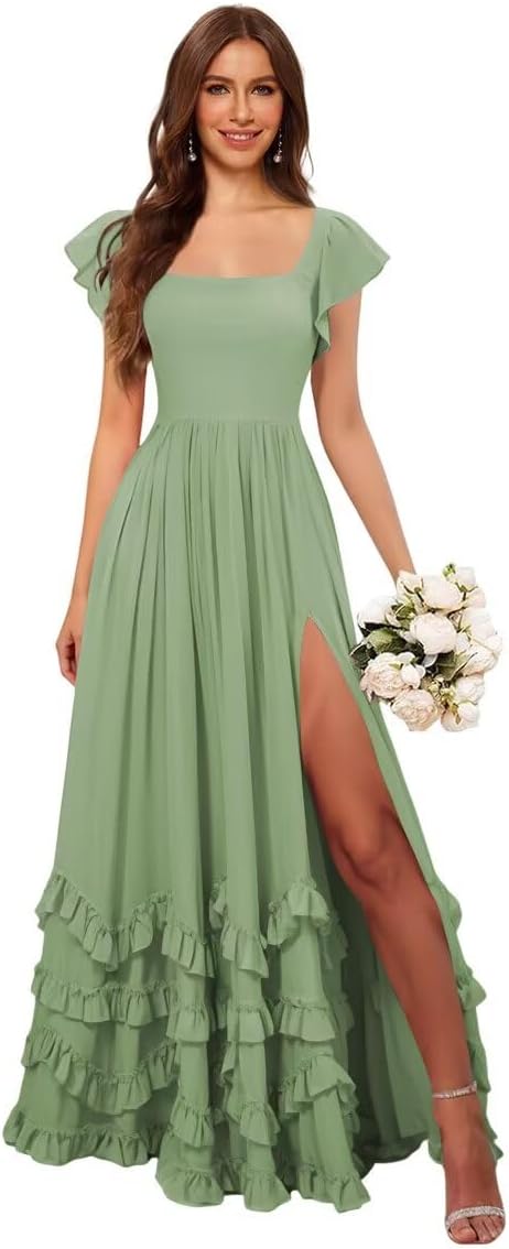 Women's Square Neck Chiffon Bridesmaid Dresses Long Ruffle Maxi Formal Evening Dress AS059