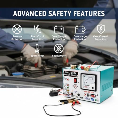 Image of ELISBURRY 24V 10 Amp Auto Cut Double Battery Charger with Analog Amp Meter | Heavy Duty DC Charger for 2 x 12V Lead Acid Batteries | Overcharge Protection | Car, Tractor & Inverter Battery Charging