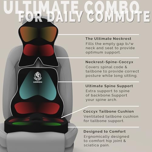 Image of MRRON Memory Foam Posture Corrector Car Seat Cushions Combo | Orthopedic Backrest, Coccyx Cushion & Neckrest | Ergonomic Lumbar Comfort Seat Cushion | Reduces Sciatica (Black, Long Back)
