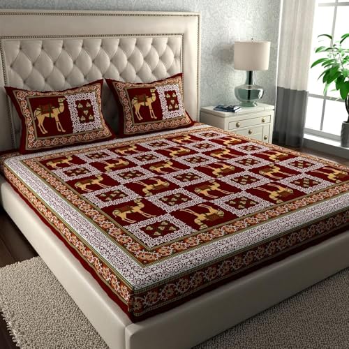 Image of La Verne 104 TC Cotton Double Bed Bedsheet Jaipuri Rajasthani Print Bedsheet with 2 Pillow Covers (Maroon)