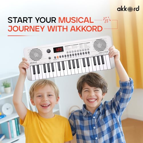 Image of Akkord 37 Keys Music Keyboard - White Edition | MIDI USB-C, Touch Response, 200 Rhythms, Tones & 40 Demos, LED Display, Portable Beginner Piano Compatible with GarageBand.