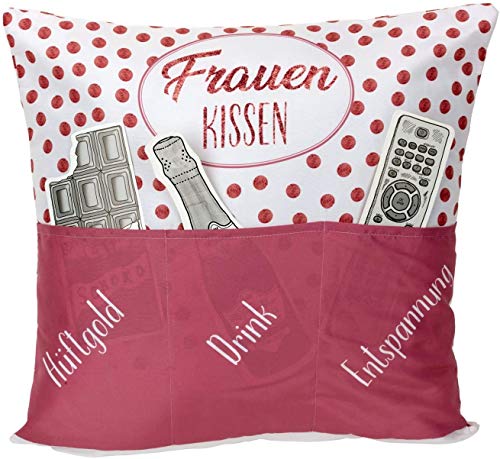 Frauen Kissen mit 3 Taschen zum selber Befüllen | Dekokissen mit Spruch 40 x 40 cm für Filmabend | Sofakissen für Couch Bett TV | Geschenk-Ideen Freundin zu Geburtstag Weihnachten | Rosa Weiß Cover
