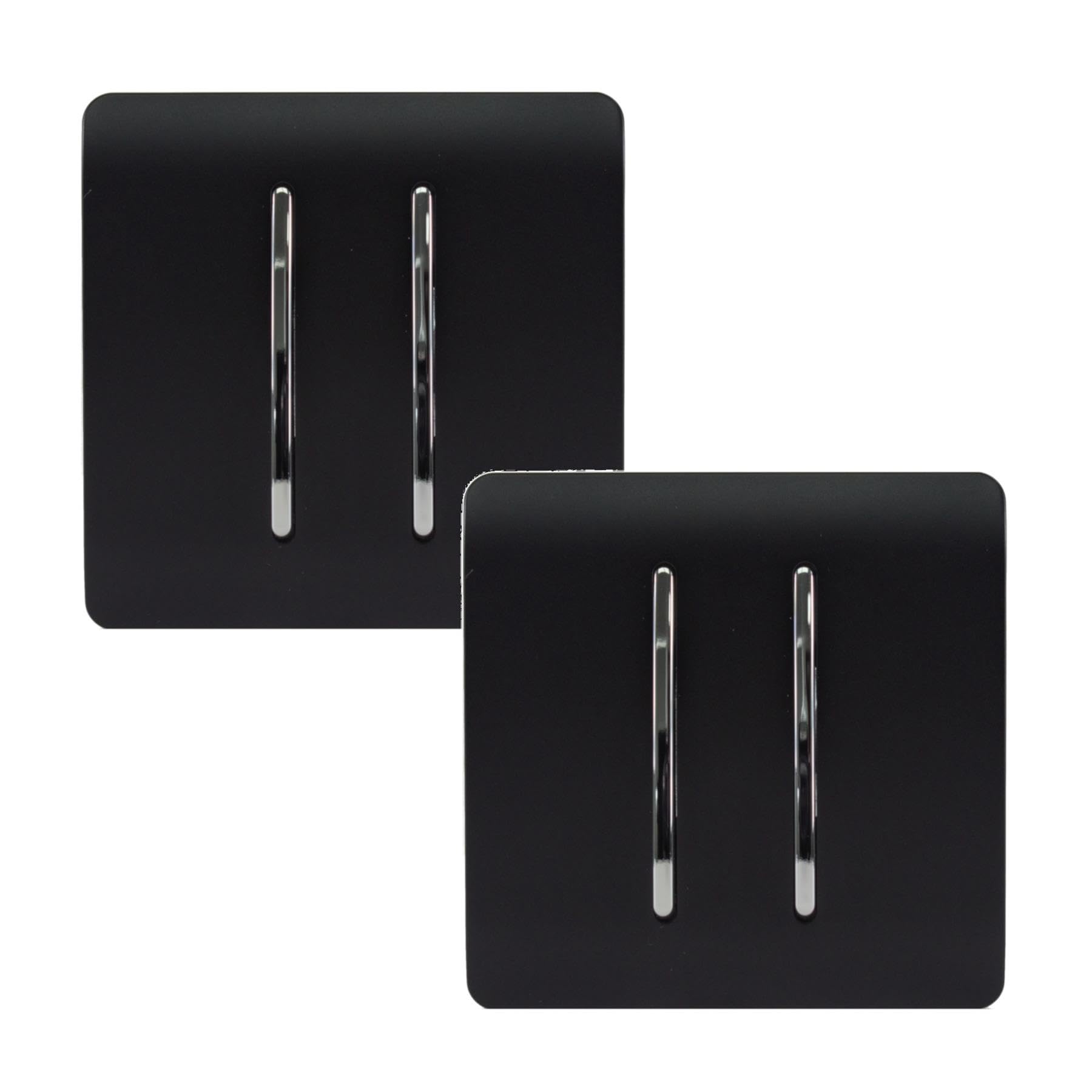 Trendi Switch 2 Gang Light Switch - Matt Black Rocker - Screwless Plate - Twin Pack - Plastic