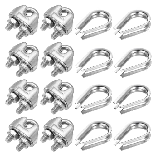 PATIKIL Set de Accesorios para Cuerda de Alambre, 12 Piezas de Abrazadera de Clip de Cable de Acero Inoxidable 304 Y 10 Piezas de Guardacabos para Cuerda de 6mm/1/4