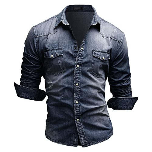 Maiyifu-GJ Men's Long Sleeve Denim Shirt Casual Button-Down Western Regular Fit Shirts Slim Fit Washed Jean Shirt (Dark Blue,X-Large)