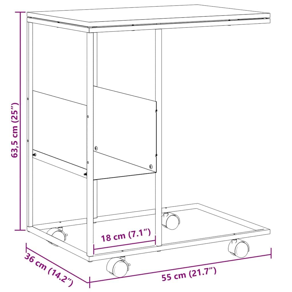 Mesa auxiliar en forma de C con ruedas negras, 55 x 36 x 63,5 cm, madera de ingeniería, estante de almacenamiento para sofá y cama