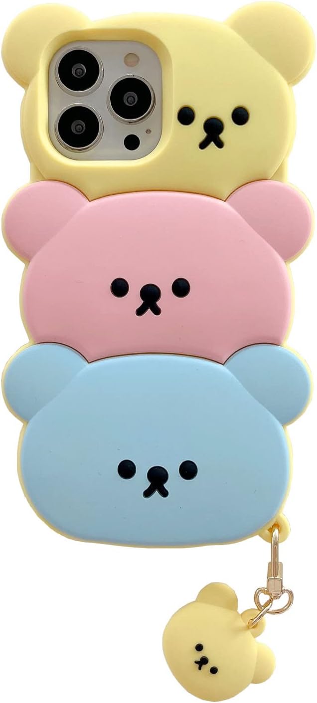 for iPhone 13 Bear Case, Kawaii Phone Cases 3D Silicone Cartoon Case with Keychain Fun Apply to iPhone 13 Cute Case Soft Rubber Shockproof Protective Case for Women Girls