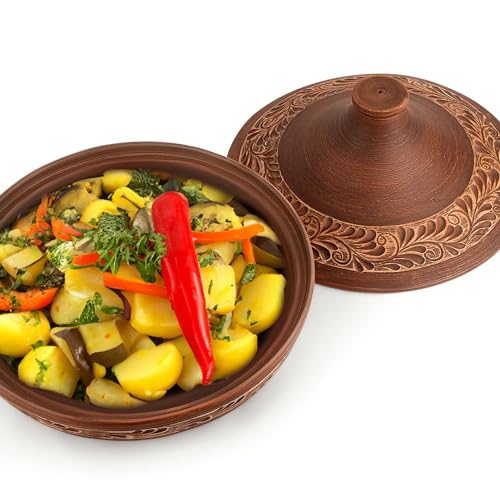 Handmade Red Clay Stoneware Tajine. Engobe Décor, Tajine with Ceramic Cone-Shaped Closed Lid, Tagines Pots With Pre Seasoned Cast Iron Diffuser, Caribbean One-Pot Tajine Cooking, Cookware Gift (Red 2.1 Qt) - Thumbnail 4