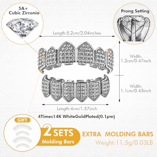Soulchen 2 Set Vampire Teeth Silver Gold Diamond Grills for Your Teeth for Men Women 18k Gold Plated Hip Hop Rapper Costume Halloween Cosplay Extra Molding Bars2
