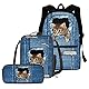 chaqlin Jungen Mädchen süßes Schultaschen-Set, Jeans-Katzen-Rucksack, Schul-Büchertaschen-Set für Kinder, lässiger Tagesrucksack, isolierte Brotdose, Federmäppchen