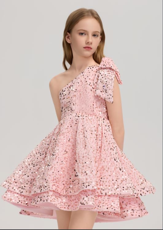 One Shoulder Flower Girl Dresses Sequin Short Pageant Dresses First Communion Dress with Bow Ball Gown2