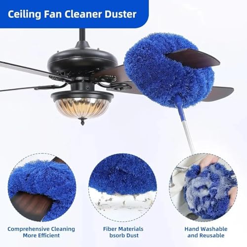 Image of 100-Inch Extendable Microfiber Feather Duster with Stainless Steel Pole - Bendable & Washable Cleaning Tool for High Ceiling Fans, Blinds, and Furniture (BLUE-FD-3IN1)