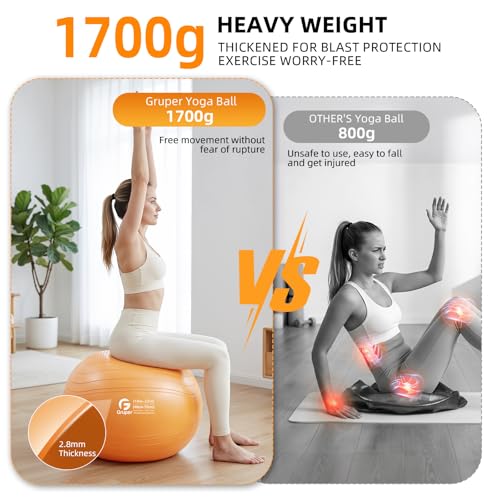 Image of Gruper Yoga Ball, Extra Thick Non Slip Exercise Ball for Workout, Yoga, Pregnancy, 4 Sizes Anti Burst Chair for Home and Office, Includes Foot Pump & Fitness Guide