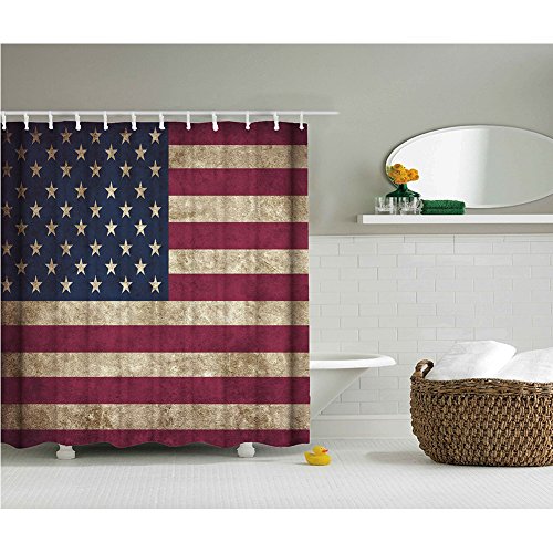 American Flag Shower Curtain Usa Decor, Fourth Of July Independence Day Themed Art Print Flag Painted On Wooden Planks, Polyester Fabric Bathroom Set With Hooks, Red & Blue & White - 72×72 Inches #TOP3