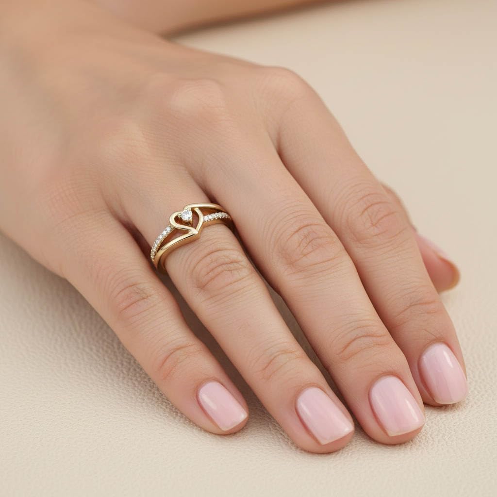 Bypass Heart Promise Ring for Women 1/10 Carat Round Moissanite, Natural or Lab Grown Diamond Ring in 14K Gold Plated 925 Sterling Silver Jewelry Gift for Her (0.10 ctw)