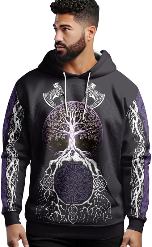 Viking Men's Hooded Collar Drawstring Hoodie Graphic Print Oversized Pullover Shirts with Pocket