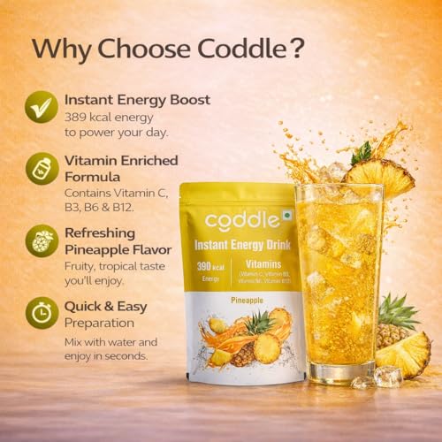Image of Coddle Pineapple Instant Energy Drink Powder 900g Refill Pack | Instant Glucose Energy Drink | Electrolyte Hydration Powder | With Vitamin C, B3, B6 & B12 | Instant Energy, Immunity & Summer Hydration | Refreshing Pineapple Flavour