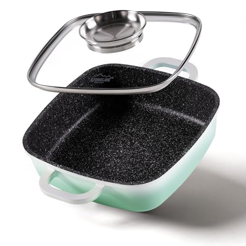 STONELINE Servierpfanne Eckig 20 cm, Eckige Pfanne Induktion mit Deckel, Aroma Funktion, Aluguss, Antihaft Pfanne Beschichtet mit echten Steinpartikeln, Für alle Herdarten, Backofen, Mint