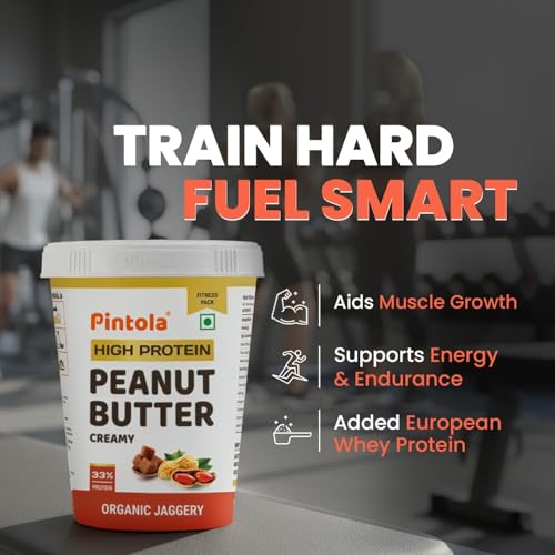Image of Pintola HIGH Protein ORGANIC JAGGERY Peanut Butter Creamy 510g with 33g Protein & 7g Fiber, Whey Protein Peanut Butter, Gluten Free, Zero Added Salt, Cholesterol Free, 100% Roasted Peanuts (Pack of 2)