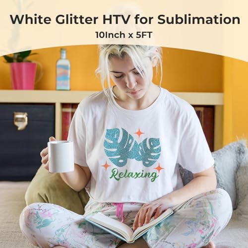 Image of HTVRONT White Glitter HTV Heat Transfer Vinyl - 10 inch x 5FT White Glitter HTV for T Shirts, White Glitter Iron on Vinyl for All Cutting Machine, Custom Decal Crafts, Machine Washable
