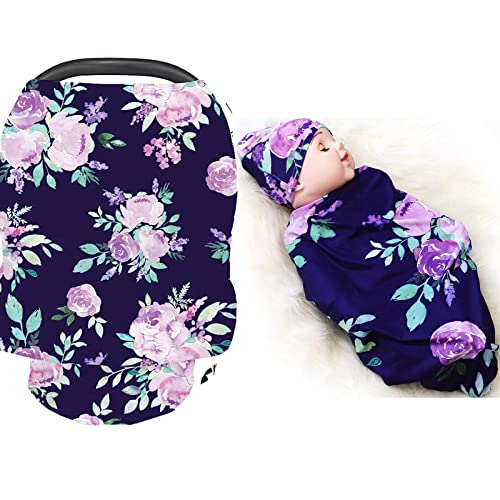 Image of Violet Flower Baby Car Seat Cover and Swaddle Cocoon