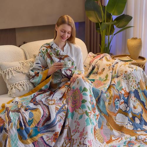 Image of XIBLC Fall Throw Blanket for Couch, Yellow Boho Decorative Throw Blanket, 100% Cotton Muslin Breathable Woven Farmhouse Blankets Quilt, 50 inchx60 inch Reversible Lightweight Blankets Bohemian Throw Quilt
