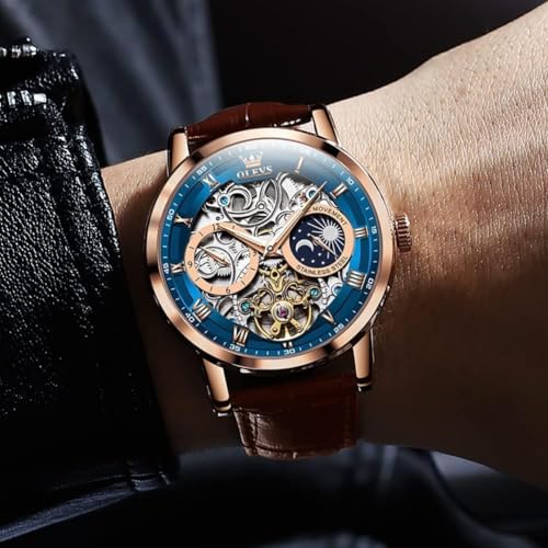 OLEVS Men Skeleton Watch Automatic Winding Moon Phase Dress Luxury Leather Strap Waterproof Luminous Men Wrist Watch - Image 4