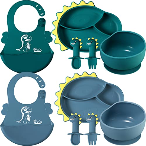 10 Pcs Baby Led Weaning Supplies, Silicone Baby Feeding Set with Divided Plate Adjustable Bib Suction Bowl Soft Spoon Fork, Toddler Self Eating Utensil Set (Dark Green, Dark Blue, Dinosaur)