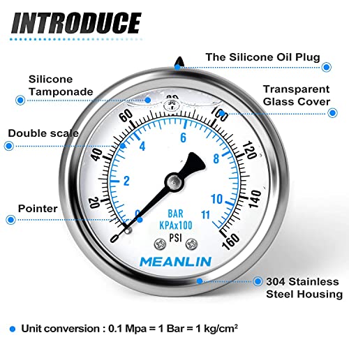 Image of MEANLIN MEASURE 0~160Psi Stainless Steel 1 /4 inch NPT 2.5 inch FACE DIAL Liquid Filled Pressure Gauge WOG Water Oil Air Center Back Mount, with 1 /2 inch NPT and 3 /8 inch NPT Hex Bushing