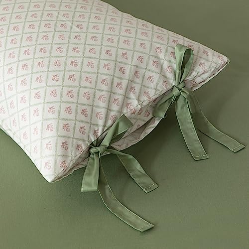 VM VOUGEMARKET King Duvet Cover with Green Plaid,Vintage Red Flower Duvet Cover King Size Girls Garden Style Bedding Set with Zipper Closure & 2 Pillow Cases