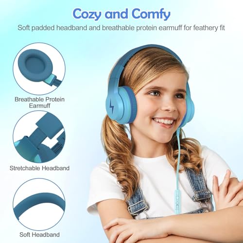 Candy Bila Kids Headphones, Wired Headphones for Kids Over Ear with Microphone, 85/94dB Volume Limiter Headphone for Girls Boys, Foldable Headphone for Learning & Entertainment, Gradient Green - 4