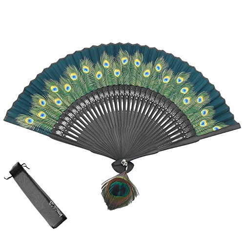 Innolife - Leque de mão de seda portátil de bambu dobrável com estampa de pavão