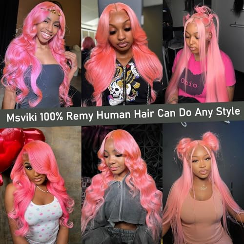 Image of Pink Human Hair Wig Straight Wig 24 Inch Human Hair Wig 200% Density | 13x4 UHD Lace Front Human Hair Wigs Pre Plucked Pre Cut Light Pink Wig 100% Virgin Human Hair Glueless Straight Wig For Women