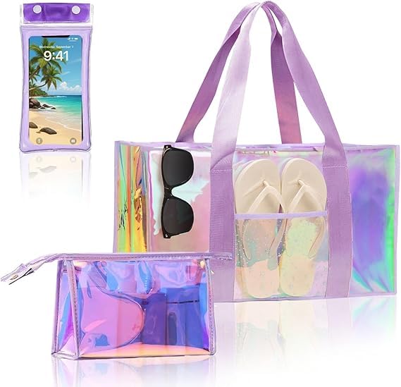 Image of Iridescent Waterproof Beach Tote Bag for Women Large Jelly Tote Bag for Summer Travel Vacation Swim Pool