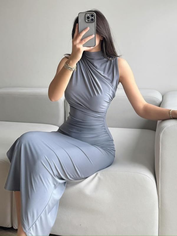Vestito Donna Elegante Abito Lungo Sexy Senza Maniche Collo Alto Abiti Cerimonia Estivo Bodycon Maxi Vestiti con Spacco Gli Abiti da Cocktail Curvy Tubino Aderente per Feste Sera Nozze