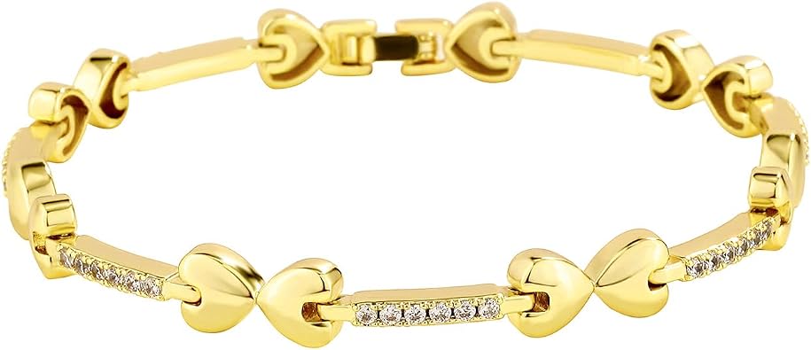Anklets for Women, Gold Plated Copper Heart Bow CZ, 2mm, 10 Inch | Cubic Zirconia stones, heart bow design, fold-over clasp,Summer Beach Jewelry