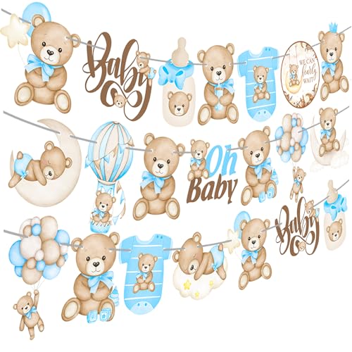 Teddy Bear Party Banner 3Pcs We Can Bearly Wait Baby Shower Decorations Blue Bear Baby Shower Banner for Baby Boy Gender Reveal Party Decorations