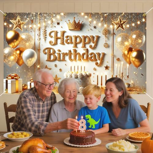 Image of Happy Birthday Backdrop Banner 70.8 x 43.3 Inch, Gold Crown Balloon Cake Candle Glitter Elegant Party Decorations for Men Women Adults, Luxury Photo Booth Background with Hanging Rope