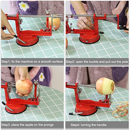 Apple Peeler, Slicer Corer Potato Peelers 3 In 1, Stainless Steel Heavy Duty Suction Cup Base And 5 Extra Blades Included As Well As Cleaning Tool (Red) #TOP5