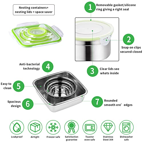 Juanaline Stainless Steel Food Containers/Bento Lunch Box/Food Storage-Set Of 4, 120Ml,300Ml, 600Ml And 1.2L, Leakproof, Bpa Free, Portion Control, Lt. Green #TOP3