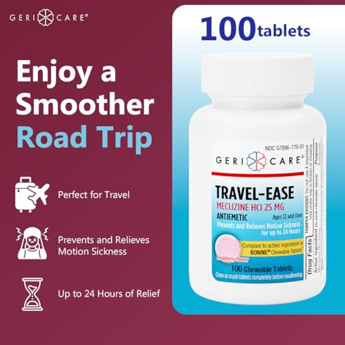 Image of GeriCare Meclizine HCI 25mg Antiemetic Travel-Ease Tablets, Prevents and Treats Motion Sickness, Nausea Relief, 100 Count (Pack of 2)